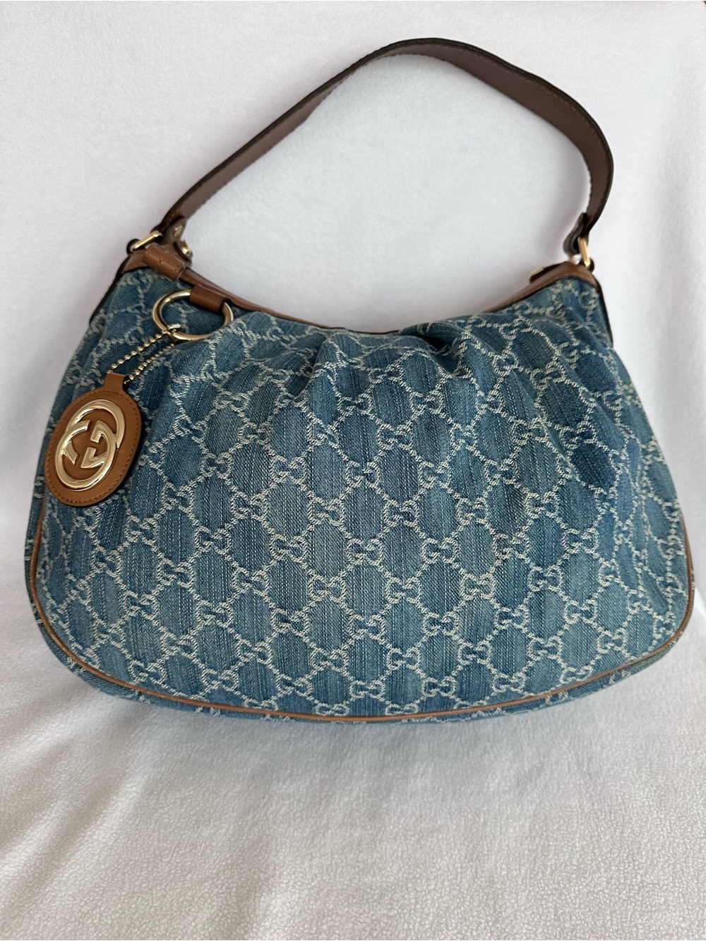 Gucci Blue Denim Monogram Shoulder Bag with Brown Leather Trim - Picture 2 of 9